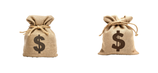 Two Burlap Money Bags with Dollar Symbol, Savings, Wealth, cut out transparent