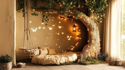 A magical woodland glade-themed kidsa?? room with a large artificial hollow tree blending into the wall
