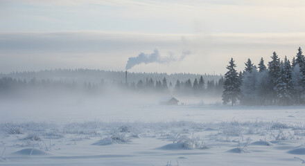 Obraz premium Winter Landscape With Misty Forest and Cabin in Snowy Field