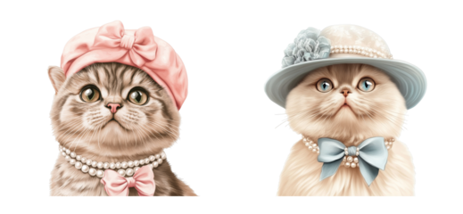 Cats in hats and pearls, feline elegance, cute pet portraits, cut out transparent