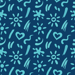 Strokes of sunscreen cream seamless pattern. Texture of lotion, spray, oil, toothpaste smudges. SPF cosmetic products touches. Sun, heart, smile, blob smears shapes. Vector illustration. Flat design
