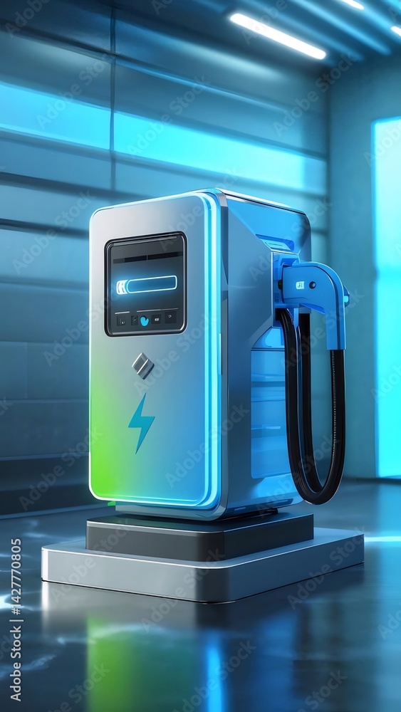 Aufkleber スタイリッシュな電気自動車充電ステーションの近未来的なデザイン 青と緑のアクセント メタリックな質感 屋内照明 鮮やかなデジタルディスプレイ