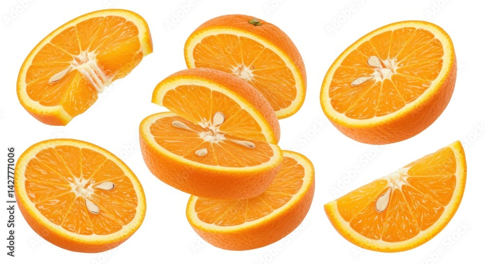Poster a group of sliced oranges arranged on a white background showing the juicy segments and seeds inside
