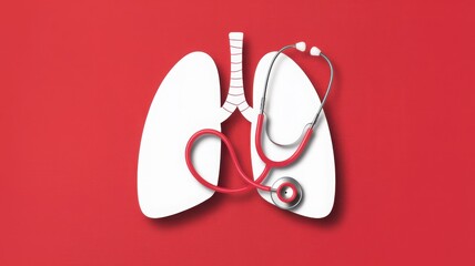 Medical Illustration of Lungs with Stethoscope for World Asthma Day on Red Background, Promoting Lung Health