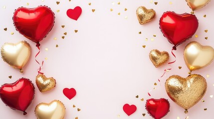 A festive arrangement of red and gold heart-shaped balloons with ribbons
