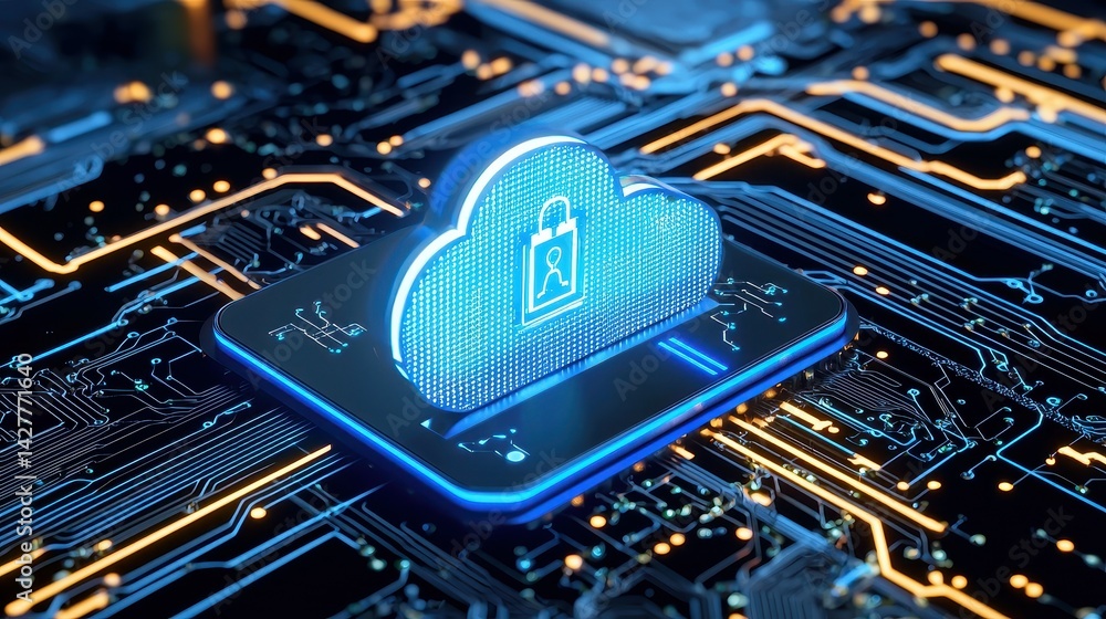 Poster digital illustration of a secure cloud storage symbol on a circuit board.