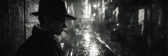 Fototapeta premium Man in hat smoking in dark wet street at night monochrome.