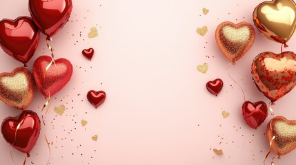 A festive arrangement of red and gold heart-shaped balloons with ribbons