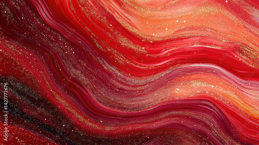 Poster a dynamic crimson red background with fluid wave patterns, color gradient ombre effect, and subtle m