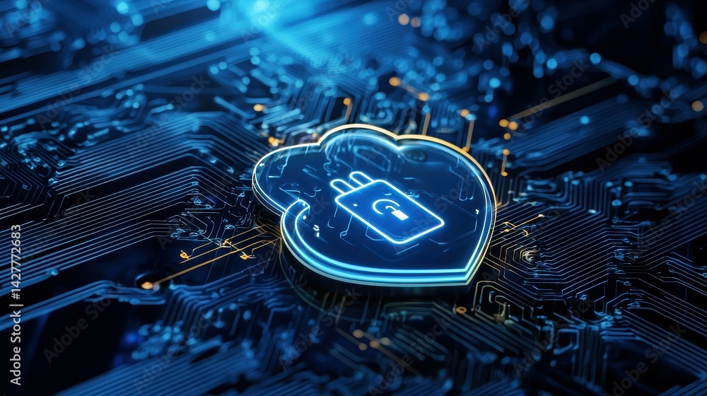 Poster blue digital cloud symbol with a lock, representing secure data storage and privacy.