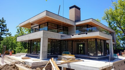 exterior of house construction ,3d rendering of modern cozy house with pool and parking for sale or rent ,Luxury house with swimming pool and blue sky in the morning