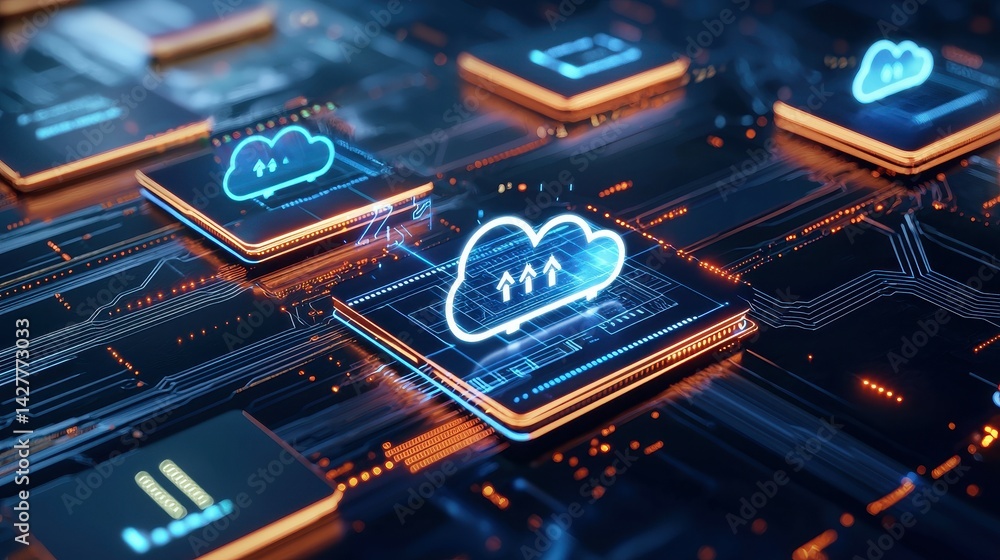 Poster futuristic digital cloud technology with glowing circuits and data uploads.