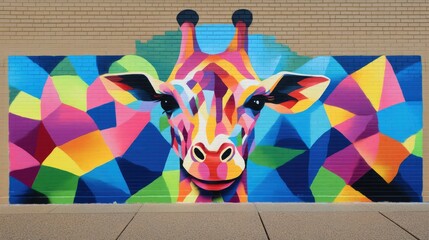 A colorful mural on a brick wall depicts a vibrant, geometric giraffe.