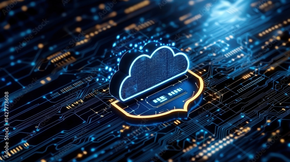 Poster illuminated cloud icon representing cloud computing technology.