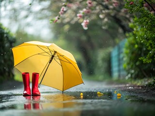 A striking pink umbrella and yellow rubber boots pop against a rainy backdrop, embodying the spirit of springtime showers