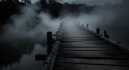 Eerie Wooden Pier Leading Through a Dense Misty Landscape at Night
