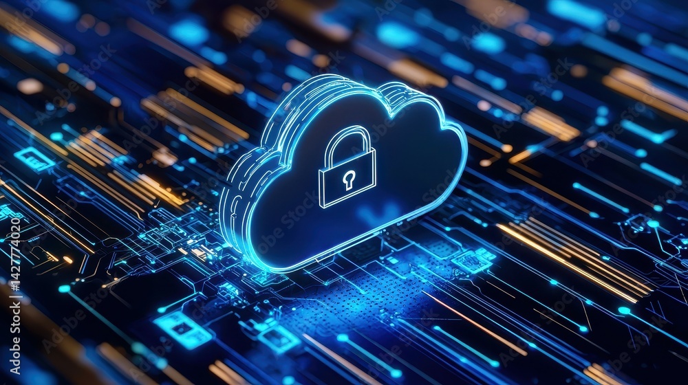 Poster a conceptual illustration of cloud security with a padlock motif on a digital circuit background.