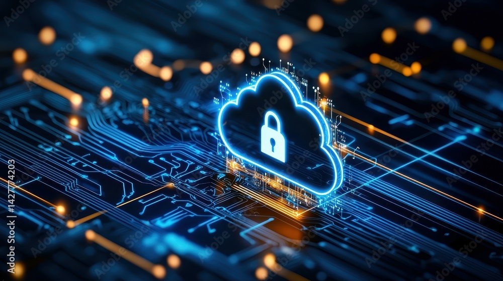 Poster illustration of a secure cloud with a padlock in a digital circuit background.