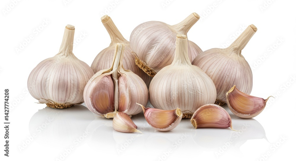 Poster a group of garlic bulbs and cloves arranged on a white surface in a studio setting close up view