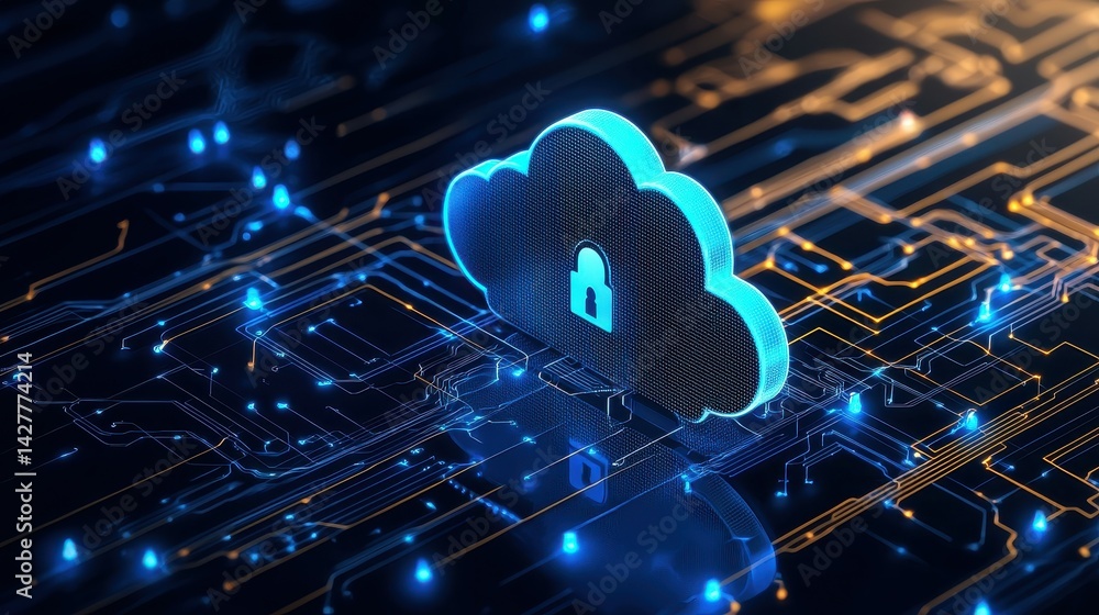 Poster digital cloud with a padlock representing data security and encryption.