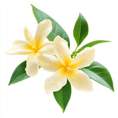 Two delicate, pale yellow flowers with vibrant green leaves