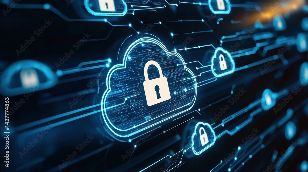 Poster digital cloud security concept with padlocks and interconnected lines.