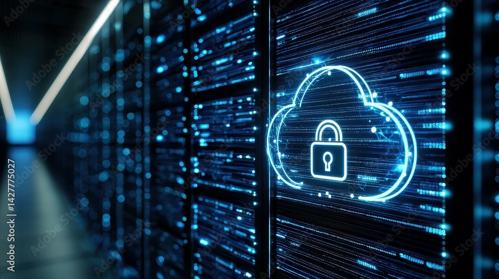 Poster digital cloud storage with a padlock symbol, representing data security and privacy.