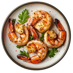 Grilled Shrimp In Plate Top View  isolated on a transparent background