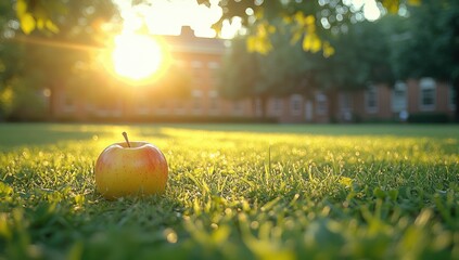 Close-up of a single apple resting on green grass in front of a quiet school yard, symbolizing National Teacher Day with themes of natural, grass, serene, blurred, field and reflection, memory, peace,