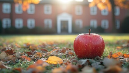 Close-up of a single apple resting on green grass in front of a quiet school yard, symbolizing National Teacher Day with themes of depth, moment, yard, guidance, thanks and background, learning, schoo
