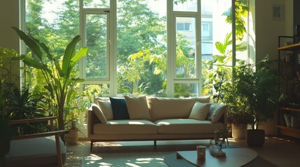 Bright living room with large windows, sheer curtains, and potted plants