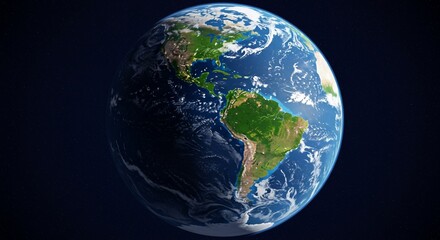 Fototapeta premium Illuminated continents, blue oceans with clouds, and night side city lights are visible in a realistic view of Earth from space, providing a global perspective