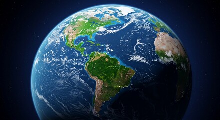 From space, a realistic view of Earth displays illuminated continents, blue oceans with clouds, and city lights on the night side, offering a global perspective