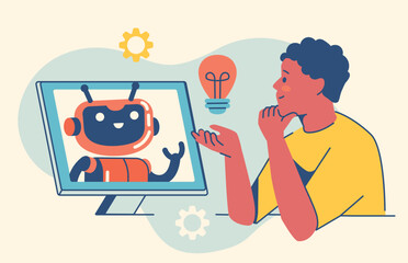 Male character thinking while an AI assistant on desktop screen offers ideas. Suitable for innovation, brainstoarming, virtual help, and smart technology themes