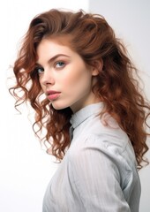 Fototapeta premium Auburn Curly Hair Woman Gray Shirt Side Portrait