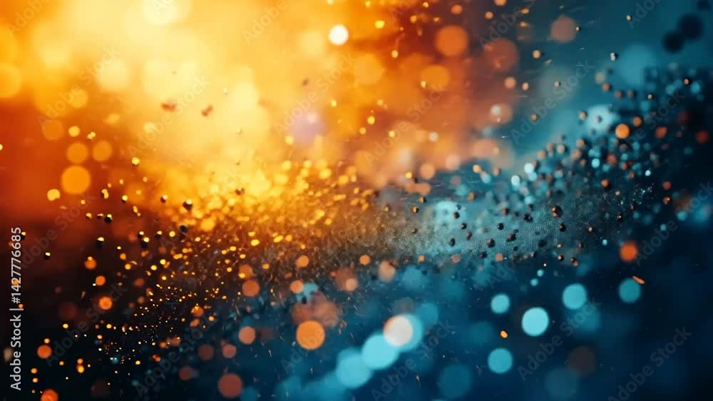 Poster abstract metallic particles swirling, vibrant bokeh background; design element