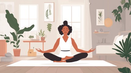 Mindfulness and Tranquility: A Woman's Peaceful Yoga Practice in a Serene Home Environment