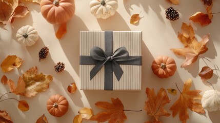 A flat lay of a Thanksgiving table setup featuring a gift box, decorative pumpkins, and autumn leaves, creating a warm, festive atmosphere perfect for the holiday.