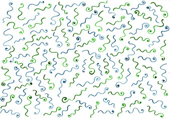 Pattern of wavy lines twisting in a spiral. Blue and green colors. Chaotically arranged on a white background. Spirals of different sizes and shapes. Abstract background. Line art.