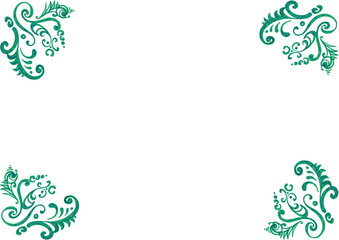 Frame of patterns in each corner of the background. The pattern consists of various decorative elements. Turquoise color and shades. White copy space.