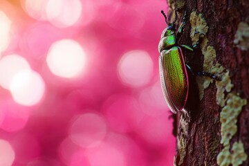 Close-up of a metallic green beetle on a tree trunk.