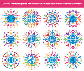 World Community Icon Set, Colorful People Holding Hands Around Earth on White Background