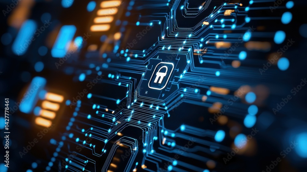 Aufkleber close-up of a digital circuit board with a secure lock icon, symbolizing cybersecurity.