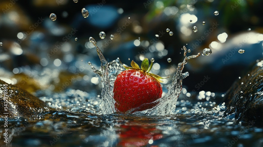 Poster a fresh red strawberry splashes into clear water, creating an energetic splash and showcasing vibran