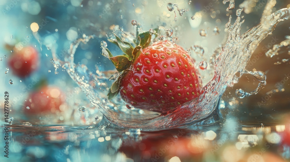 Poster a fresh red strawberry splashes into clear water, creating an energetic splash and showcasing vibran