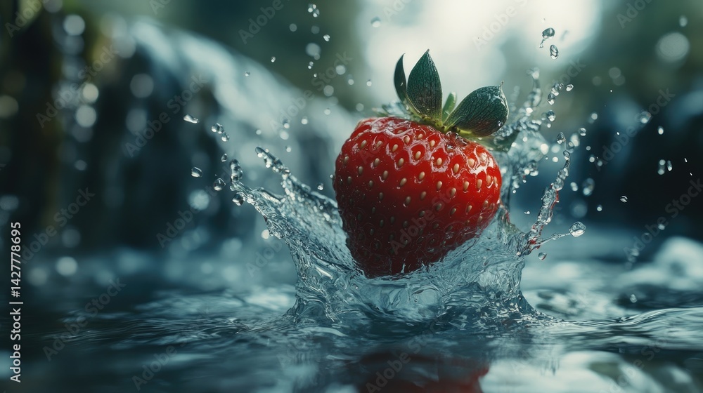 Poster a fresh red strawberry splashes into clear water, creating an energetic splash and showcasing vibran