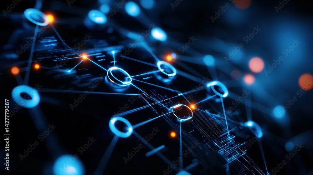 Poster abstract digital technology network with glowing blue lines and nodes.