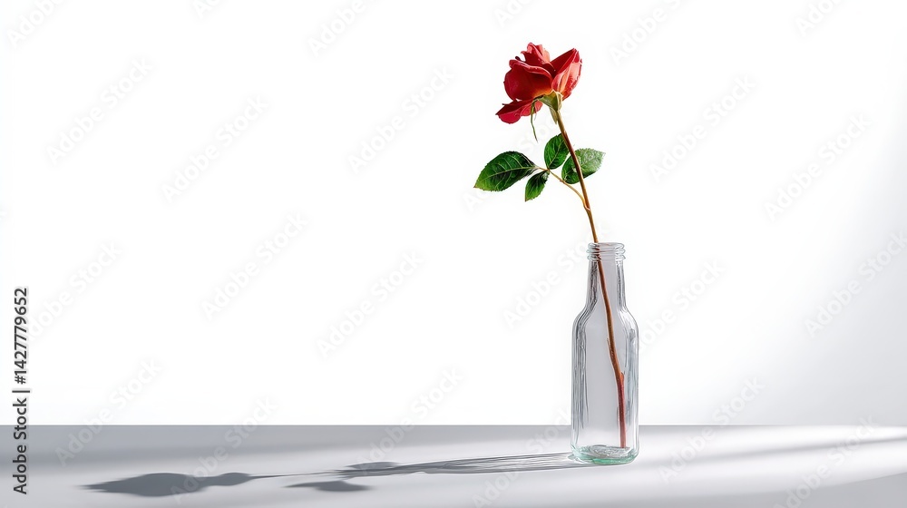 Poster single red rose in a glass vase with soft backlight creating a minimalist and elegant floral arrange