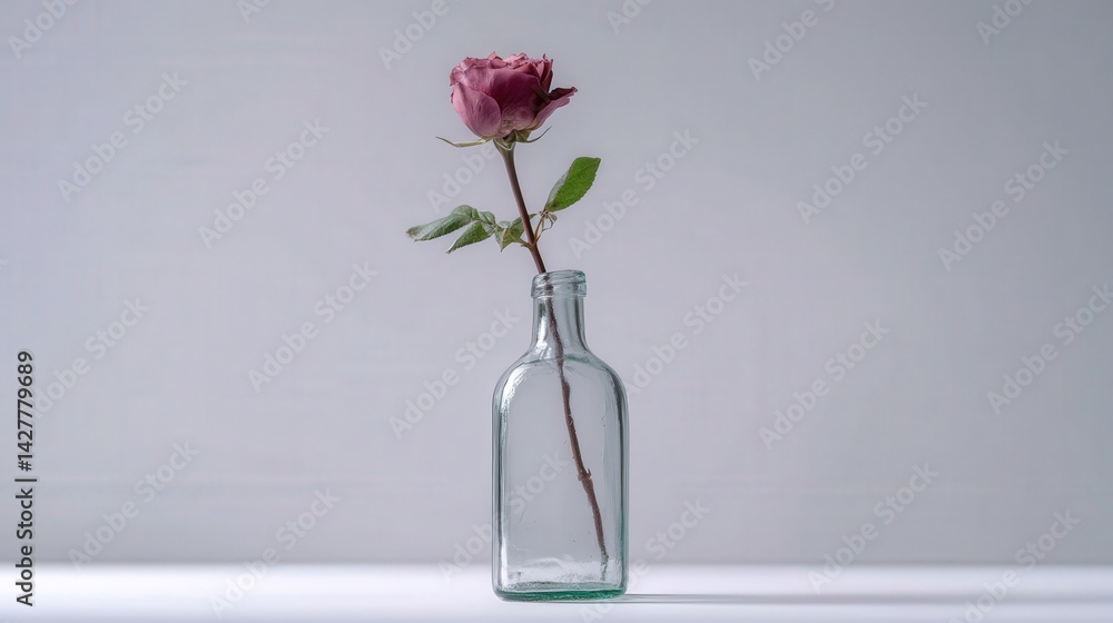 Poster single rose in a glass bottle with soft backlight creating a minimalist and elegant floral arrangeme