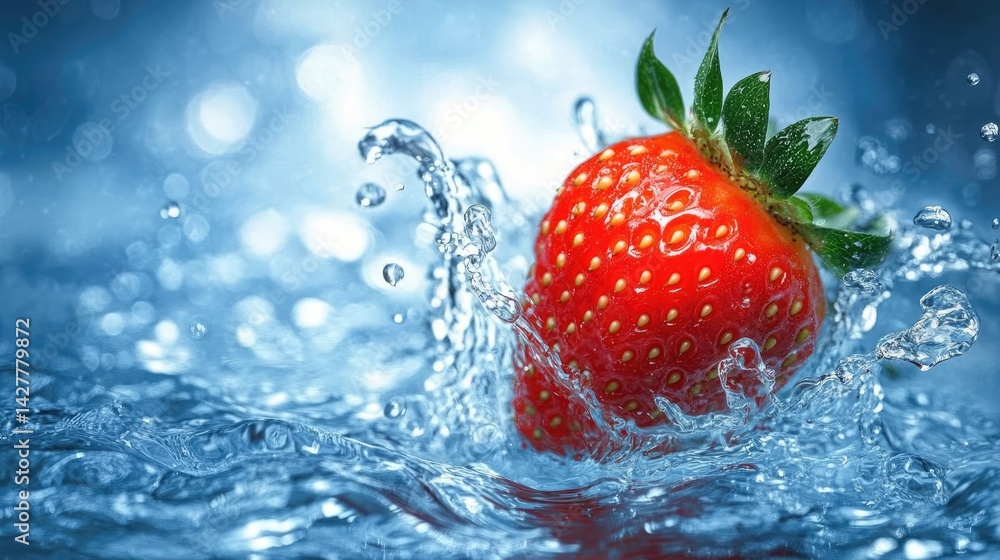 Poster a juicy red strawberry plunging into clear water, creating a dynamic splash, symbolizing freshness a